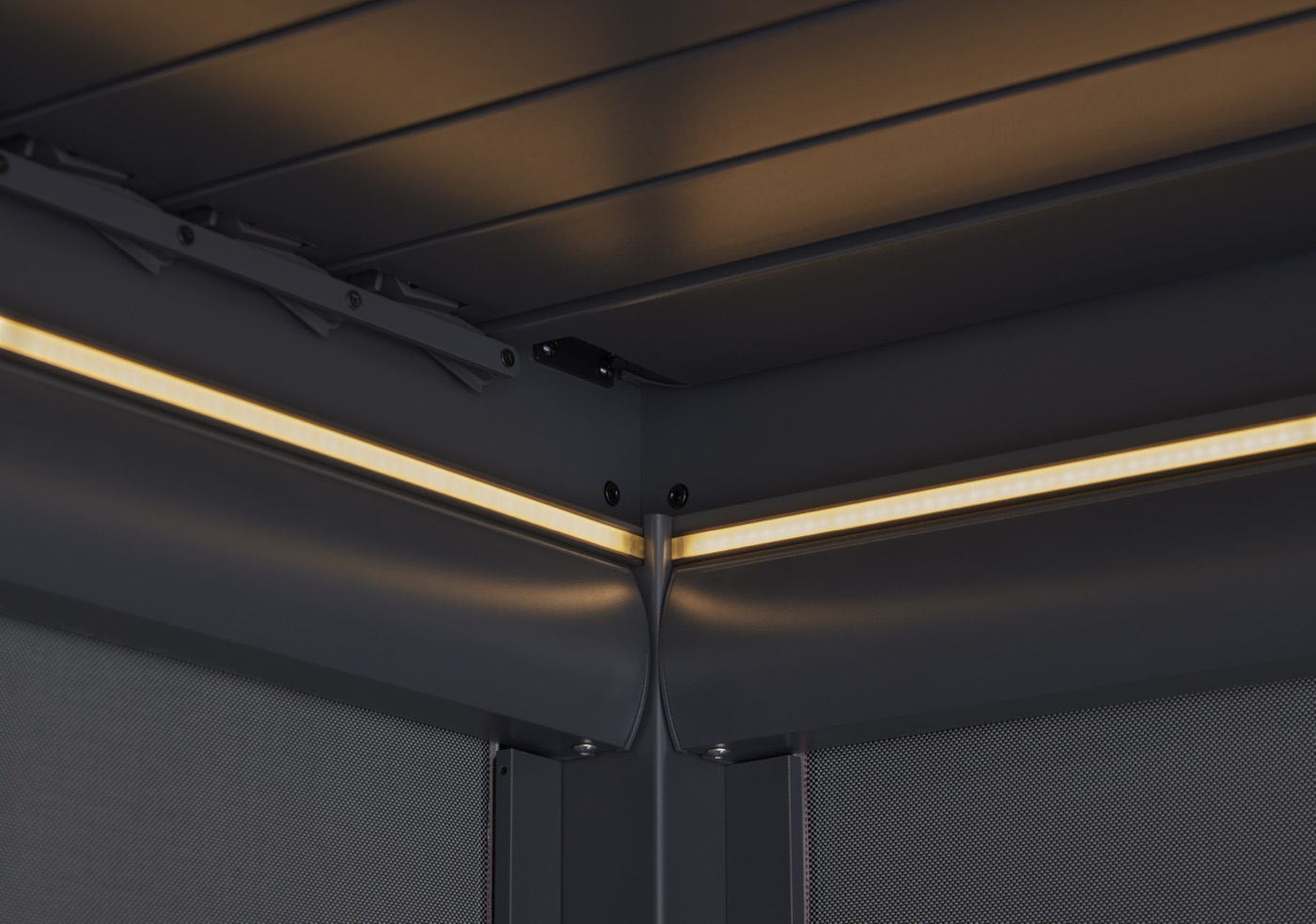 Warm LED strip lighting integrated into the inner perimeter of the pergola